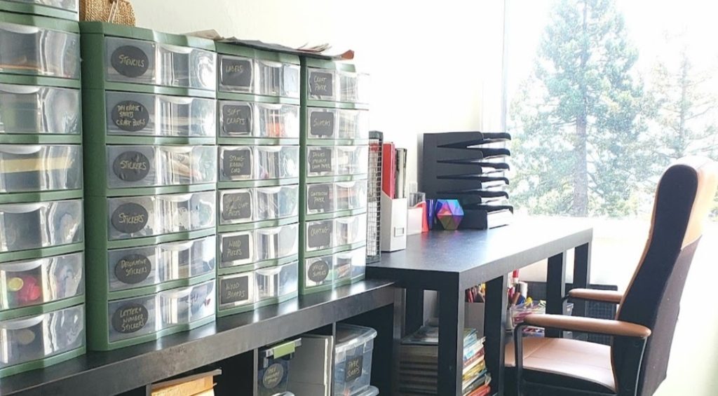 craft room and office storage stacking green and clear plastic drawer organizers in sun filled room Bella Organizing Professional home organizers and residential packing and moving management company serving the San Francisco Bay Area.