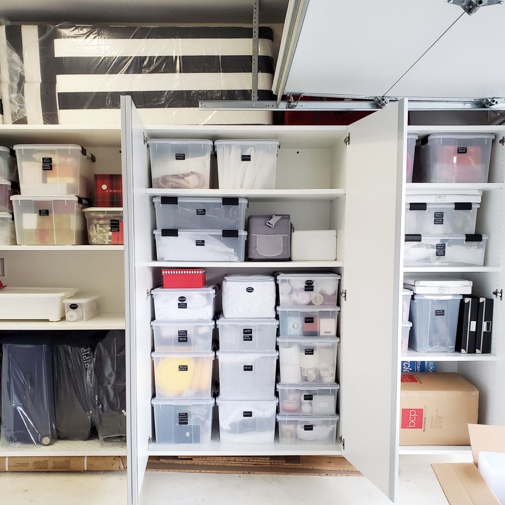 Garage Cabinets with Clear Weathertight Bins from Container Store and Shelf Storage by Bella Organizing Professional Home Organizers in Oakland and the San Francisco Bay Area