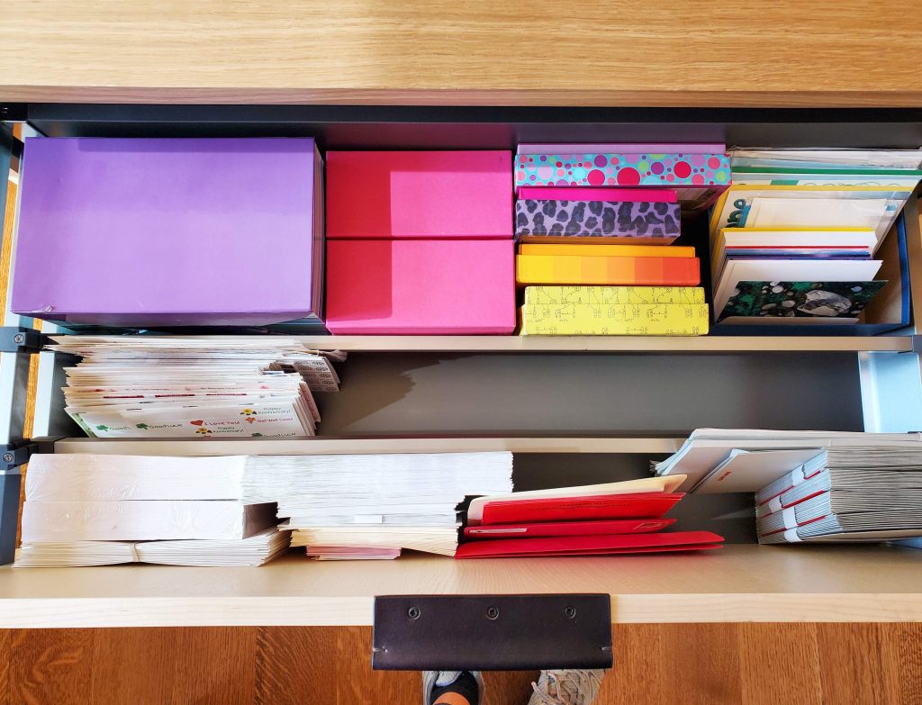 colorful envelopes and note cards drawer storage Bella Organizing Professional home organizers and residential packing and moving management company serving the San Francisco Bay Area.