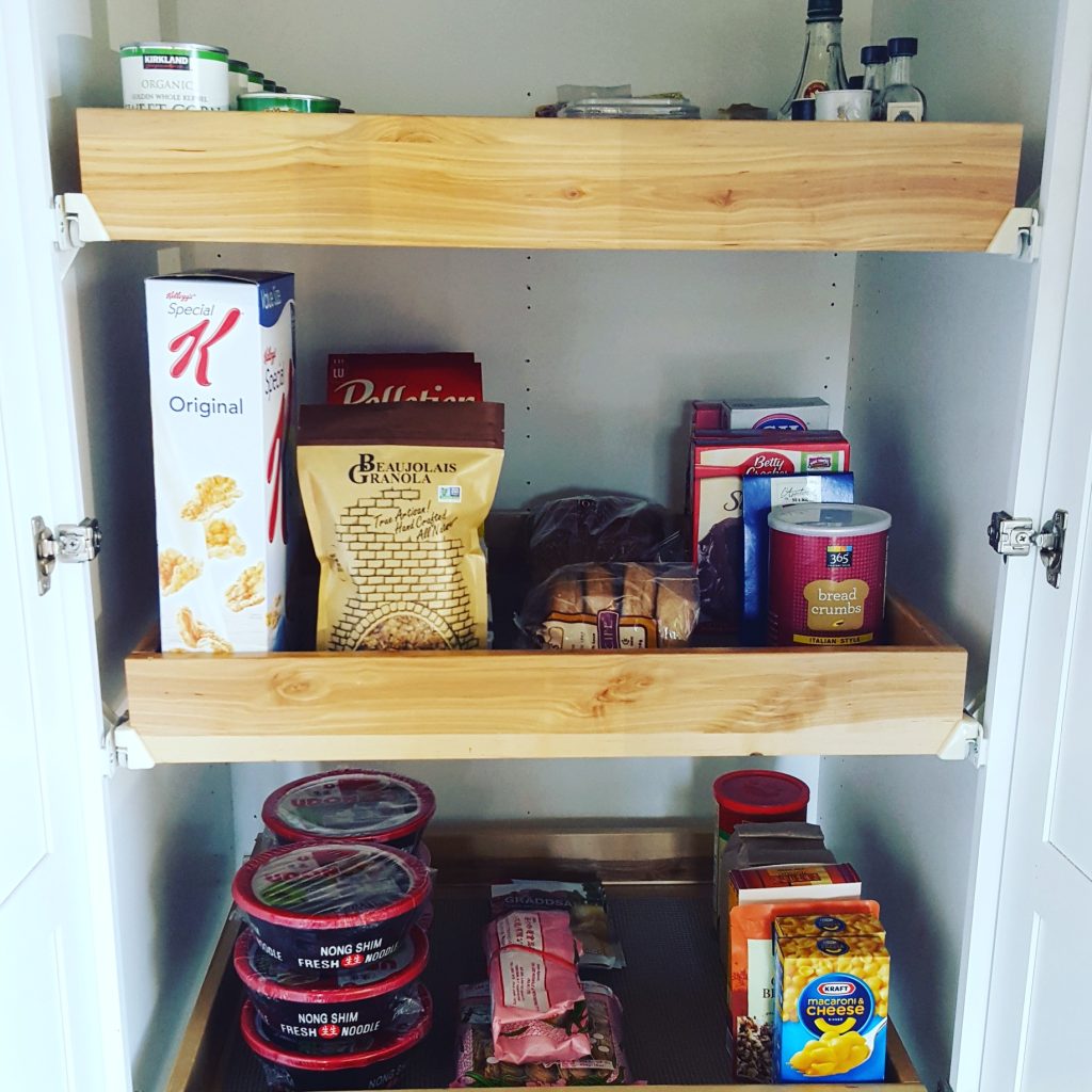 kitchen and pantry food wooden slide out shelf drawers Bella Organizing Professional home organizers and residential packing and moving management company serving the San Francisco Bay Area.